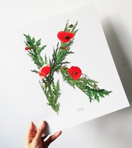 plakat litera K kwiaty polne 30cmx34cm