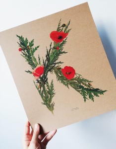 plakat litera K kwiaty polne 30cmx34cm papier brąz