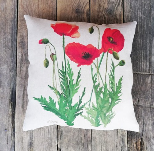 dwustronna poszewka na poduszkę Mak polny  100% len LAS I NIEBO