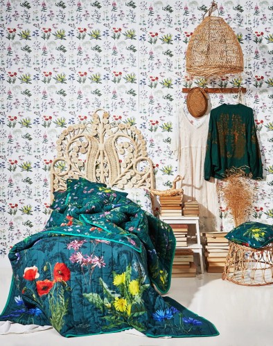 pikowana narzuta Kwiaty polne szmaragd LAS I NIEBO